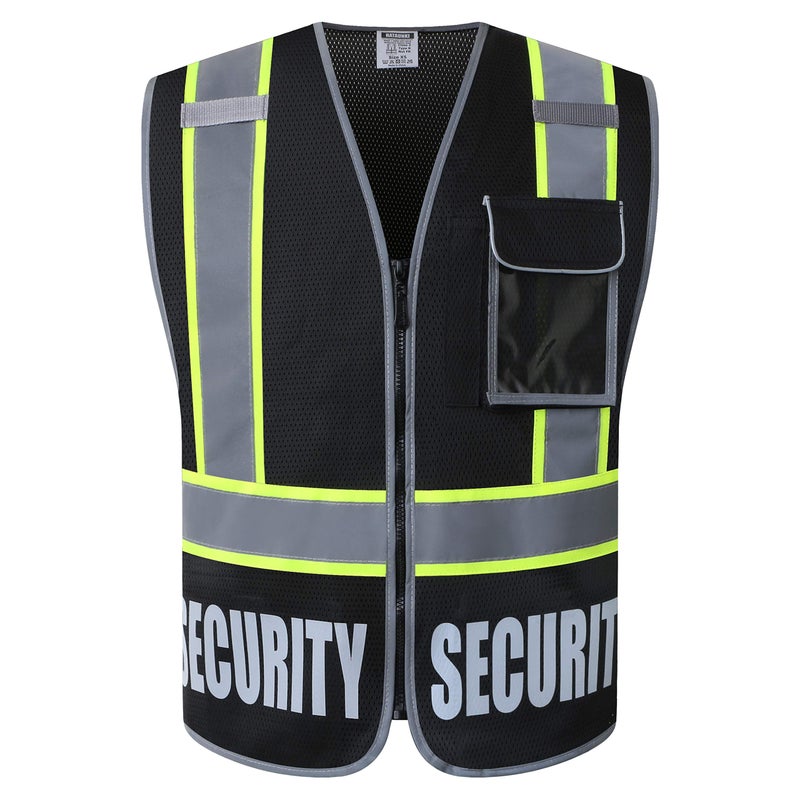 HATAUNKI Retro-Reflection Security Safety Vests Heavy Duty Black Mesh with 5 Pockets and Front Zipper Meet ANSI/ISEA 107-2015 (Black-22, Large) - Image 1